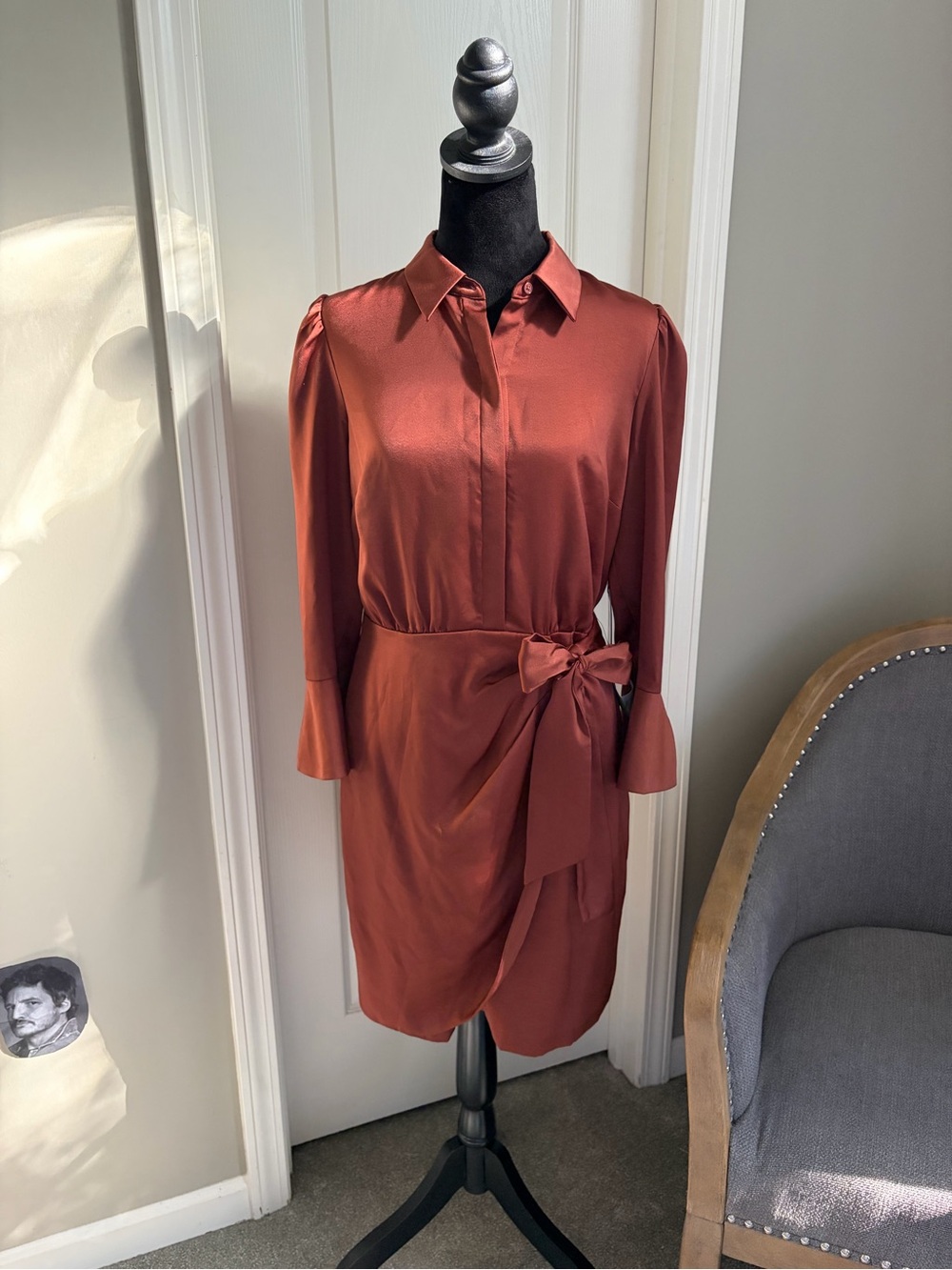 Vince Camuto Rust Satin Tie-Waist Long Sleeve Shirt Dress
